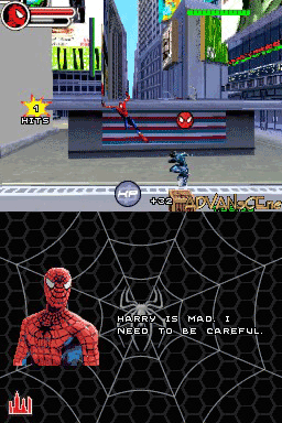 Spider-Man 3 for Nintendo DS displays a split-screen layout with the upper half showing a top-down city street view where Spider-Man faces an enemy on a gray platform beneath tall buildings and green neon signs. The lower half shows Spider-Man's pixelated sprite on the left side against a black web-pattern background, with orange text reading "HARRY IS MAD! NEED TO BE CAREFUL" on a golden-brown panel at the bottom right. The HUD includes a health/power meter and enemy indicator in the center-bottom area. The art style features low-resolution sprites and flat environmental design typical of 2007 Nintendo DS releases.