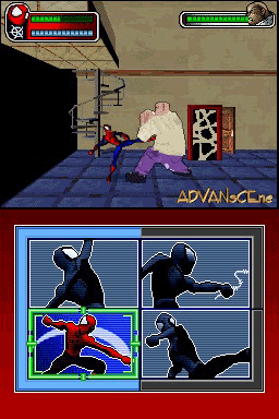 The upper screen displays an isometric view of Spider-Man in a purple outfit on a blue-tiled floor within an interior room, with health and energy bars visible in the upper left corner. The lower screen shows a 2x2 grid of combat action poses: the left cell features Spider-Man in a red and blue suit highlighted with a green border, while the three remaining cells display silhouetted figures performing various fighting stances and movements. The NDS screen layout and pixel art style are characteristic of early-to-mid 2000s handheld gaming.