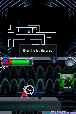 A top-down game view shows a red spider-like character centered on a dark platform with geometric tile patterns. A health bar and energy meter sit at the top in blue and green. A map display occupies the upper portion of the screen with white rectangular room layouts. The bottom-right corner contains a thumbnail image of characters. Text reading 'Examine les fissures' appears in white at the center. The background displays a dark blue brick wall pattern with diagonal support beams. Game interface elements and UI buttons are visible along the bottom edge.