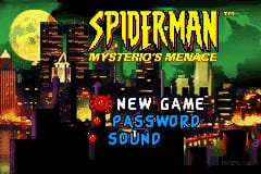 The title screen displays 'SPIDER-MAN' in large red letters at the top, with 'MYSTERIO'S MENACE' underneath in yellow text. A yellow full moon dominates the upper left against a dark green sky. The background shows a nighttime cityscape with buildings and red neon elements. Below the title, menu options are visible including 'NEW GAME', 'PASSWORDS', 'SOUND', and 'EXIT' in blue and white text. A silhouetted figure of Spider-Man swings against the moon in the left portion of the screen. The overall aesthetic uses limited color palette typical of Game Boy Advance titles.