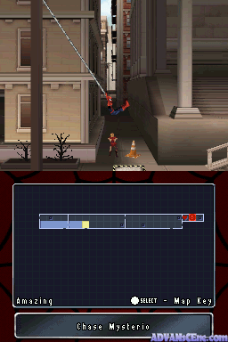 A 2D side-scrolling level displays a brick building facade with wooden doors and windows in the background. A red spider-themed character hangs from a chain descending from the top of the screen toward a dark ground area with flame effects. A blue health bar and red power meter occupy the bottom interface, with text reading "Amazing" on the left and control prompts at the right. The color palette features warm browns, reds, and dark tones typical of Nintendo DS graphics.