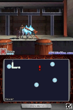A split-screen Nintendo DS display shows Spider-Man in a top-down arena stage with wooden walls and industrial framing in the upper half, while the lower screen presents a simplified overhead map view with the player character as a small white dot centered on a dark blue background, surrounded by three cyan-colored circles representing enemies or objectives, with a score counter and "SEVER" text visible at bottom left.