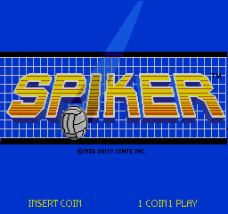 The Spiker arcade title screen displays the game's yellow and orange logo text against a blue grid-pattern background with a volleyball graphic below it. At the bottom, two text prompts appear in yellow: "INSERT COIN" on the left and "1 COIN 1 PLAY" on the right. A small copyright notice reading "(C) 1984 BALLY MFG. CO." sits above these prompts in black text.