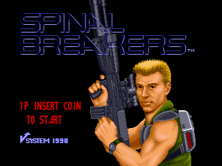 A muscular male character with blonde hair holds a large rifle across his chest, wearing an orange and green outfit. The title 'SPINAL BREAKERS' appears in blue neon-style lettering at the top of the screen. Red text below reads 'IP INSERT COIN TO START'. The V-System 1990 copyright notice is visible in the lower left corner. The background is black, creating high contrast with the character sprite and text elements.