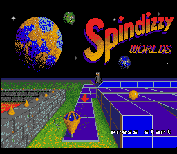 The Spindizzy Worlds title screen displays the red and orange gradient logo in the upper right, with a spinning blue and orange planet floating to its left. Below stretches a Mode 7-style pseudo-3D isometric corridor in purple and blue tiles receding into the distance, flanked by grey stone walls and green grass. Small colored spheres dot the pathway. A "PRESS START" prompt appears in a white box at the bottom right, with the entire composition set against a starfield backdrop.