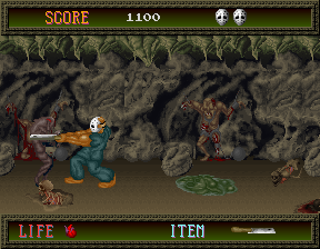 A character in red clothing and blue pants punches toward the right side of the screen against a tan-brown textured background. Multiple dark brown enemies with round shapes are visible across the scene. The top UI bar displays "SCORE 1100" on the left and two small character icons on the right. A green "LIFE" indicator with an X symbol and "ITEM" label appear in the lower left corner. The pixel art uses a limited color palette typical of late-1980s arcade hardware.