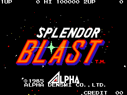 The title screen displays "SPLENDOR BLAST" in large red and blue pixelated letters with a white star between the words, centered against a black background scattered with small white and red dots resembling stars. At the top, score displays show "TOP" and "SUP" with numerical values. Copyright information for Alpha Denshi Co., Ltd. and a 1985 date appear at the bottom left, with a trademark symbol visible. Small text reading "CREDIT" appears in the lower right corner.