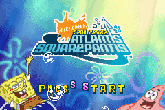 The title screen displays the SpongeBob's Atlantis SquarePantis logo centered at the top, rendered in blue and orange lettering with a submarine vessel graphic. Below the logo sits a colorful gradient background transitioning from blue to cyan to yellow-green. SpongeBob SquarePants appears in the lower left as a small sprite wearing his characteristic yellow square body, while Patrick Star's pink silhouette is visible in the lower right. White pixelated text reading "PRESS START" is positioned at the bottom center of the screen.
