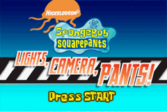 The title screen displays SpongeBob SquarePants rendered in the character's typical yellow and pink color scheme at the top, with 'Lights, Camera, Pants!' written below in blue text. A large orange and white logo reading 'LIGHTS CAMERA PANTS!' dominates the center of the screen with a film strip pattern beneath it. The background transitions from dark blue at the top to cyan at the bottom. A yellow 'Press START' prompt appears at the bottom in pixelated text against the cyan background. The overall composition uses bright, contrasting colors typical of Game Boy Advance sprite-based graphics.
