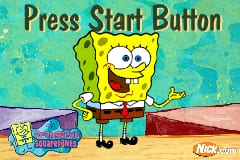 SpongeBob SquarePants stands center-screen with a wide smile and raised arms against a turquoise background filled with small bubble patterns. The character is rendered in bright yellow with a pixelated sprite style typical of Game Boy Advance graphics. At the top, "Press Start Button" appears in bold tan text. The sandy seafloor is visible at the bottom in tan and red tones. A Nickelodeon logo appears in the lower-left corner, and the overall title screen layout uses a simple, colorful design with flat backgrounds and no animation visible in this static frame.