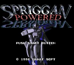 The title screen displays the Spriggan Powered logo in large silver and red lettering across the top, with a blue metallic robot or mech suit centered below it. White text reading "PUSH START BUTTON" appears in the middle-lower portion of the screen, and copyright text "© 1996 PAON SOFT" is positioned at the bottom. The background is black, and the overall visual style uses SNES-era sprite graphics with a 16-bit color palette.