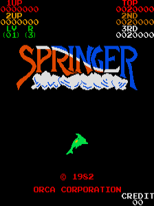 The title screen displays "SPRINGER" in large orange and blue pixelated letters centered on a black background, with white jagged lines beneath the text. A small green frog sprite appears below the title. The top of the screen shows score displays reading "100 25000 2UP" and "100 2ND 3680 06250000" in red and yellow text. At the bottom, copyright information reads "© 1952 ORCA CORPORATION" with "CREDIT" displayed in the lower right corner. The overall aesthetic is typical of early 1980s arcade games with a limited color palette and blocky pixel-based graphics.