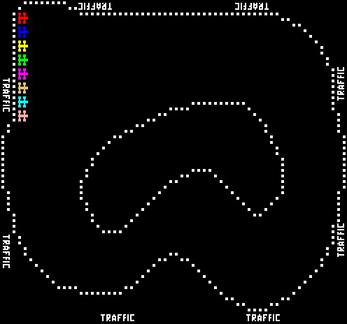 A black screen displays a racing track outlined in white pixels forming two winding road curves against the dark background. The word "TRAFFIC" appears twice at the bottom in white text. At the top, "TRAFFIC" is repeated twice. The left edge shows a vertical color palette strip with red, orange, yellow, green, cyan, blue, and purple pixel blocks. The right edge displays "TRAFFIC" vertically in white pixels. The overall composition suggests a top-down racing game layout with minimalist arcade-era graphics rendered in basic pixelated form.