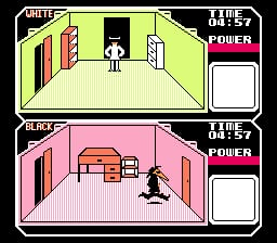 Two split-screen rooms display different spy characters in isometric perspective. The top room shows a white spy figure in a pale yellow-green interior with doorways and furniture. The bottom room features a black spy character in a pink interior with orange-brown furniture and appliances. Each room has a timer and power meter display in the upper right corner. The pixelated graphics use limited color palettes typical of NES-era games, with simple geometric shapes representing walls, doors, and objects.