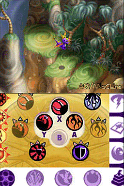 The upper screen displays a forest scene with large green melons or gourds hanging from vines and a character visible on the left side. The lower screen shows a circular UI layout with twelve colored orb icons arranged in a ring pattern against a yellow background, each orb containing a different symbol or design. A white circle with the letter B occupies the center. Purple circular elements appear at the bottom of the screen, suggesting inventory or status indicators. The overall aesthetic is consistent with early 2000s Nintendo DS graphics with hand-drawn fantasy artwork.