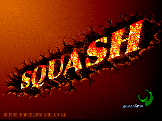 The title screen displays 'SQUASH' in large yellow and orange letters with a jagged, spiky border effect against a dark red gradient background. A green Gaelco logo appears in the lower right corner. Copyright text reading '© 1992 BARCELONA OBELCO S.R.' is positioned at the bottom left in small white text. The overall color scheme uses warm oranges and reds with black shadows creating a dramatic, energetic visual presentation typical of early 1990s arcade aesthetics.