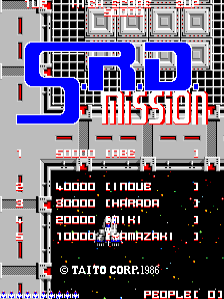 The title screen displays a large blue "S.R.D." logo with red "Mission" text overlaid in the upper half. Below is a black score panel listing four high score entries with player names like "CHIO" and "IMAIZAKI" and their corresponding point values ranging from 6000 to 10000 points. The background shows a pixelated arcade game level with blocky white walls and corridors. Kyugo and Taito Corporation copyright information appears at the bottom, along with a "PEOPLES" credit line. The overall visual style uses a limited color palette typical of mid-1980s arcade graphics.