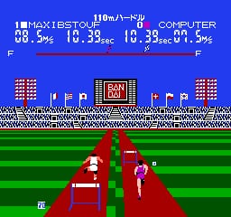A top-down sports stadium view displays two red-clad athletes on a green track with brown infield. The score panel at top shows timer readings of 10 minutes 39 seconds and a computer opponent also at 10 minutes 39 seconds. Gold and red scoreboard structure sits at mid-field. Crowd sprites line the stadium background in blue. The 8-bit pixel art uses bright primary colors with a horizontal scrolling parallax effect visible in the bleacher seating.