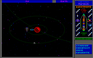 A space combat interface displays a top-down tactical view with a red circular enemy vessel at center surrounded by dotted orbital paths and small blue ally markers. The left side shows the main gameplay viewport with black space background and cyan grid lines. The right side contains a narrow vertical sidebar with a colorful damage/system status indicator featuring vertical bars in red, yellow, and blue, along with text readouts below showing weapon and shield information. The overall screen uses a blue, cyan, and black color palette typical of early 1990s DOS graphics.