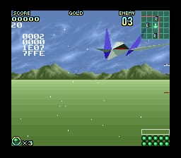 A blue spacecraft flies over a green landscape with mountains and clouds in the background. The HUD displays score, energy, and weapon information in the upper left corner, while a radar grid appears in the upper right. A checkered pattern marks the bottom right corner. The scene uses a parallax scrolling effect with distant hills and a starry sky above.