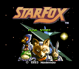 The Star Fox title logo appears in gold lettering at the top center, with a starfield and small stars scattered across the black background. Below the logo, Fox McCloud's head is visible in the lower left, rendered as a pixelated sprite. To the right, a green aircraft cockpit interior is shown with yellow crosshairs and targeting reticle visible. Text reading 'PUSH START' appears in green pixels in the center. The Nintendo copyright notice '© 1993 Nintendo' is positioned at the bottom of the screen. The overall color palette uses gold, green, white, and black tones typical of early SNES graphics.