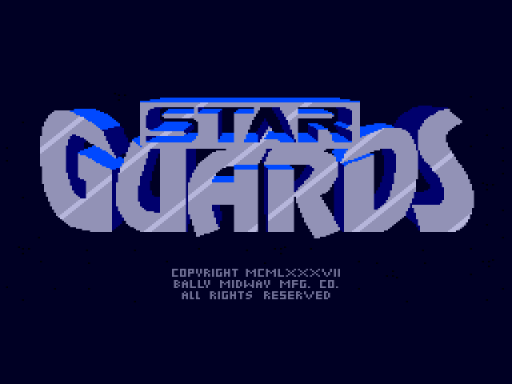 The Star Guards title logo dominates the center of the screen in large gray and blue pixelated letters with a metallic appearance. The word "STAR" sits in a blue horizontal bar above "GUARDS" which is rendered in oversized gray block lettering. Below the logo, white text displays copyright information for MCMLXXXVII, Bally Midway Mfg. Co., and an all-rights-reserved notice. The background is solid dark blue, creating stark contrast with the title graphics rendered in a mid-1980s arcade visual style with limited color palette and blocky pixel resolution.