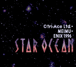 The title screen displays 'STAR OCEAN' in large purple gradient text centered on a black starfield background with scattered blue and purple stars and nebula-like effects. Above the title, white text reads 'Tri-Ace Ltd.' and 'MENU ENIX 1996' in the upper right corner. The overall color palette consists of dark blacks with purple, blue, and white accents typical of 16-bit sprite graphics.