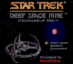 The title screen displays "STAR TREK" in large orange letters at the top, with "DEEP SPACE NINE" and "Crossroads of Time" in smaller text below. The central image shows the space station in a three-quarter view against a black starfield with a glowing orange planet. Menu options appear on the right side reading "Start game," "Options," and "password." At the bottom right, text credits the developer Novotrade. The overall color palette uses orange, gray, and black with a 16-bit sprite resolution typical of SNES games.