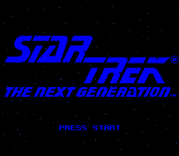 The title screen displays blue pixelated text reading 'STAR TREK' in a stylized italic font at the top, with 'THE NEXT GENERATION' in smaller text beneath it. A 'PRESS START' prompt appears centered lower on the screen in blue capital letters. The background is entirely black with small scattered white pixels resembling stars. The overall composition uses a limited color palette of blue, white, and black characteristic of early SNES graphics.