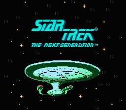 A black starfield background with white and orange dots representing stars frames the center of the screen. The cyan-colored Star Trek: The Next Generation logo appears at the top in italic lettering, with "THE NEXT GENERATION™" subtitle below in smaller text. The Enterprise-D starship is depicted in light cyan and green pixels in the lower half, shown from above with its distinctive saucer section and nacelles clearly visible. The sprite uses low resolution NES-era pixelation typical of early 1990s cartridge games.