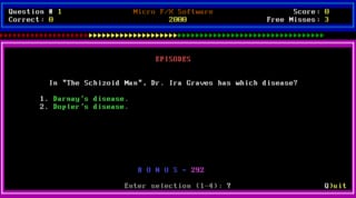 A trivia question display in Star Trek: The Next Generation Trivia features a black background with magenta borders. The question reads "Is 'The Schizoid Man,' Dr. Ira Brown's son which disease?" with two numbered answer options below: "1. Darvon's disease" and "2. Boulain's disease." At the top, a status bar shows "Questions: 1" and "Current: 1" on the left with "Score: 0" and "From Mission: 1" on the right. The bottom displays "S U M M A R Y" centered, with "Enter selection (1-4): 2" and "Abort" prompt visible.