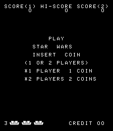 The title screen displays "STAR WARS" in pixelated white text centered on a black background. Above it, score displays show "SCORE<1>" and "HI-SCORE SCORE<2>" at the top. Below the title, a menu lists play options: "PLAY", "STAR WARS", "ARCADE COIN", followed by "`1 OR 2 PLAYERS`", "`#1 PLAYER 1 COIN", and "`#2 PLAYERS 2 COINS". At the bottom left, three small arcade cabinet icons are visible, while "CREDIT 00" appears in the lower right corner. The entire interface uses a simple monochrome vector-style presentation typical of early 1980s arcade cabinets.