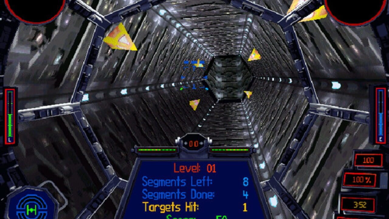 A first-person cockpit view of a TIE Fighter flying through a metallic space station corridor. The HUD displays a centered crosshair with targeting information, two vertical green health bars on either side, and a blue text panel at bottom showing Level 01, Segments Left: 8, Segments Done: 4, and Targets Hit: 1. Yellow triangular enemy markers and blue targeting symbols appear in the distance. Corridor walls feature repeating ribbed patterns with white panel lights. Top corners show red circular elements with radar. Right side displays three stacked status indicators showing 100, 100%, and 352.