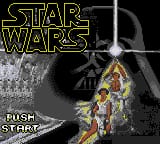 The title screen displays "STAR WARS" in yellow outlined letters at the top left, with "GAME GEAR" branding below it. Darth Vader's helmet dominates the right side in dark gray and black tones, while Princess Leia and Luke Skywalker appear in the lower center in sepia and gold hues. A starfield of white dots fills the background. "PRESS START" text appears in yellow at the bottom. The overall color palette uses yellows, blacks, grays, and browns typical of Game Gear's four-shade limitation.
