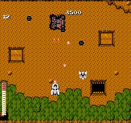 A top-down shooter view displays a small white spaceship in the center-lower portion of a brown dotted terrain, with green grass and shrubs forming the bottom edge. Brown rectangular structures and small blue dots scatter across the sandy field. A score display reading "2500" appears in the upper left, with a health or ammo indicator bar on the left side. The sprite-based graphics use a limited NES-era palette of orange, green, brown, and white pixels.