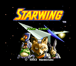 The Starwing title screen displays the golden yellow logo at the top against a starfield background. Below sits a stylized canine character with tan and brown coloring, flanked by a blue and white spacecraft on the left and a yellow-tinted aircraft on the right. A 'PUSH START' prompt appears in the center, with the 1993 Nintendo copyright notice positioned at the bottom. The sprites use the SNES color palette with moderate pixelation typical of early 16-bit graphics.
