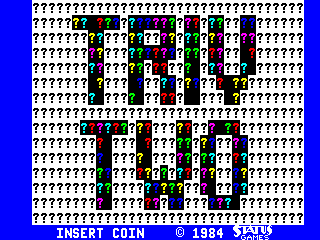 The title screen displays a blue border framing the play area, with a grid of white question marks filling the background. In the center, colorful pixelated blocks form two stacked square patterns, one in the upper half and one in the lower half, using red, green, blue, yellow, and purple tiles arranged in a geometric design. At the bottom, white text reads 'INSERT COIN' on the left and '© 1984 Status' on the right, with a yellow stripe separating the interface from the main play area above.