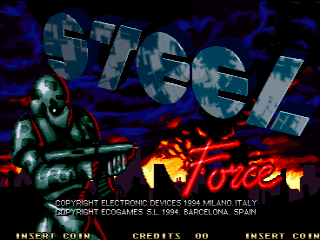 The title screen displays a large pixelated '1941' logo in the center with orange and yellow fiery effects behind it. To the left stands an armored soldier character in a green mechanical suit holding a rifle, rendered in low-resolution pixel art. The background is dark blue with red flames and explosive effects. Copyright text and credits appear at the bottom, with 'INSERT COIN' prompts flanking a '00 CREDITS' display at the screen's base.
