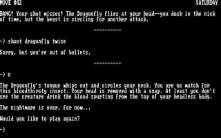 A black screen displays white text describing gameplay instructions. The top portion contains narrative text about a dragonfly attack, followed by player choices listed as >) short dragonfly twice and >) soar, but you miss pellets. Below, centered dashes form a divider. The lower section explains a subsequent encounter with a dragonfly's tongue ship and neck interaction, ending with the question Would you like to play again? The text interface uses a simple monospace font typical of early DOS-era adventure games.