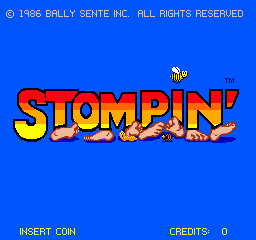 The title screen features the word 'STOMPIN'' in large red and yellow letters with a black outline against a solid blue background. A small yellow character sprite appears in the upper right area. At the top, white text reads '© 1986 BALLY SENTE INC. ALL RIGHTS RESERVED' with a registered trademark symbol. At the bottom, 'INSERT COIN' appears in yellow text on the left side, while 'CREDITS 0' is displayed in yellow text on the right side.