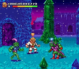 Four colorful character sprites stand in a neon-lit urban environment with purple and blue buildings in the background. A tall green tower structure occupies the center-right of the screen. The HUD displays a health bar and score counter (0 0 2 2 7 0) in the upper left corner. The foreground features cyan-colored water or ground with pixelated 16-bit sprites positioned across the battlefield. The art style uses bright neon colors against a dark starry sky with glowing cityscape silhouettes behind the action area.