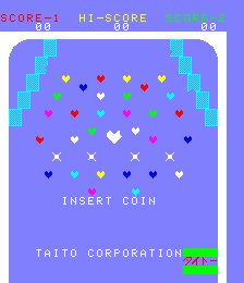 A purple arcade title screen displays scattered colorful hearts in various shades across the center, with cyan and magenta vertical bars flanking the sides. White text reading "INSERT COIN" appears in the middle, and "TAITO CORPORATION" is positioned at the bottom in white lettering. The top shows a score panel with "SCORE" and "HI-SCORE" labels, along with "00" in the upper right corner. Small pixel-art sprites are visible near the Taito logo.