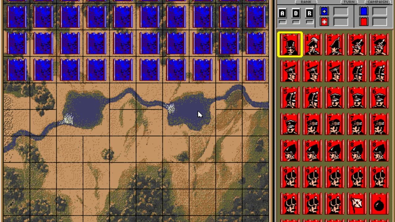 A tactical strategy game interface displays a grid-based battlefield with terrain features including water bodies and forests rendered in tan, green, and dark blue pixels. The top half shows rows of blue squares representing hidden units, while the lower half shows the terrain map with a grid overlay. The right panel contains unit cards arranged in seven rows with red backgrounds and black silhouettes showing different military piece types, with a yellow border highlighting the top-left card. Control buttons labeled A, D, R and directional indicators are visible in the upper right, along with BANK, TURN, and CAMPAIGN labels.