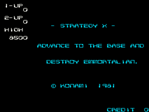 The title screen displays cyan-colored text on a black background. At the top left, score displays show "I-UP 0" and "E-UP 0" in white text, with "HIGH" and "8500" below. The center features "STRATEGY X" in large cyan letters, followed by two lines of cyan text reading "ADVANCE TO THE BASE AND" and "DESTROY IMMORTAL IAN." At the bottom, a Konami copyright notice and "1981" appear in cyan, while "CREDIT" is shown in cyan at the bottom right. The entire composition uses a simple pixel-based typeface typical of early 1980s arcade games.