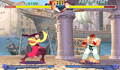 Two fighting game characters face each other in a stone-columned arena with a waterfront backdrop. The left character wears pink/magenta clothing and performs a jumping kick with a yellow arc motion effect. The right character in white gi strikes a fighting stance. A health bar spans the top of the screen with both fighters' portraits and health indicators. The UI displays "PRESS START" text and a timer at the top. Detailed pixel-art backgrounds show classical architecture and distant ships, with parallax depth visible in the scenery layers.