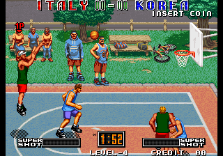 A split-screen basketball arcade game displaying two courts. The upper court shows four players in red and blue uniforms positioned near a hoop on green grass with a tan baseline. The lower court depicts two players in blue and red jerseys on a blue hardwood floor with a hoop visible to the right. Score displays reading "ITALY 00-00 KOREA" appear at the top in white and blue text, with a timer showing "1:59" in the center. "SUPER" and "CREDIT" indicators flank the clock. The sprite art uses bright primary colors with pixel-based character animation typical of early 1990s arcade basketball games.