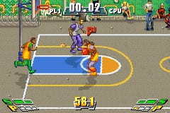 A basketball court viewed from above shows five players on the blue court with a yellow and red center circle. The score display at top reads 110-112 in red text. Two players in yellow jerseys are positioned on the left side, while three players in purple jerseys occupy the center and right areas. The UI displays a combo counter showing 58:1 in the lower left corner. Green pixel-art sprites represent the players, with detailed court markings visible in the background including yellow painted lines and a gray surrounding area with spectators rendered as small figures.