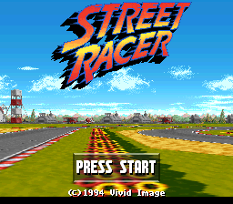The Street Racer title screen displays the game's logo in large red and yellow letters at the top center, with a stylized racing font. Below is a wide-angle view of a flat racing track with red and white lane markings stretching toward the horizon, flanked by green grass fields and trees. A bright blue sky with white clouds fills the upper portion. At the bottom, white text reads "PRESS START" centered on screen, with copyright information "© 1993 Vivid Image" displayed below it. The scene uses SNES-era 16-bit graphics with flat colors and simple sprite-based scenery.
