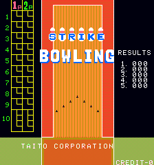 The title screen displays 'STRIKE BOWLING' in large white letters centered on a red background with vertical orange stripes. Below the title, a bowling lane extends downward with ten pins arranged at the bottom and a single bowling ball positioned above them. On the left side, a yellow pixelated score or lane display shows numbered rows. The right side lists results with numerical scores. The bottom credits 'TAITO CORPORATION' on a pink banner, with a golden section below. The color palette consists of red, orange, yellow, white, black, and pink on a dark background.