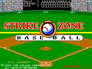 The title screen displays "STRIKE ZONE BASEBALL" in large red and yellow text centered on a green baseball field background. A baseball with a target symbol sits prominently in the middle of the composition. A brown diamond-shaped infield is visible below the title, with yellow baselines extending toward the corners. The top of the screen shows a scoreboard-style interface with score and inning information in white text. A copyright notice for The Leland Corporation appears at the bottom in red text. Colorful pixelated patterns fill the top and side borders of the screen, typical of late-1980s arcade aesthetics.